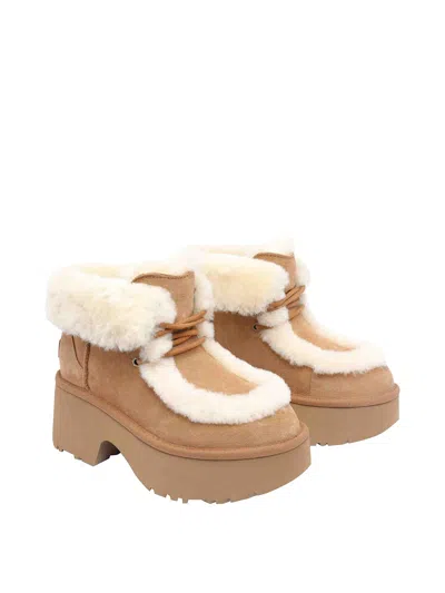 Ugg Esmee Beige Ankle Boots With Fur Detailing And Platform In Suede Woman In Brown