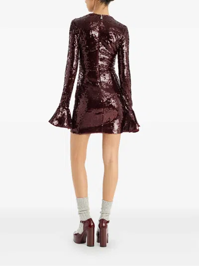 Rotate Birger Christensen Bordeaux Sequin Crewneck Mini Dress With Flared Sleeves In Tech Fabric Stretch Woman In Brown