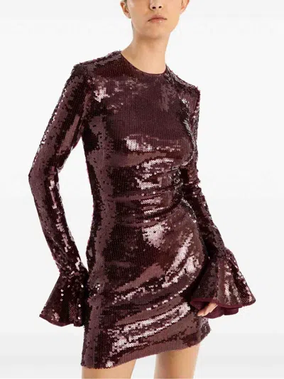 Rotate Birger Christensen Bordeaux Sequin Crewneck Mini Dress With Flared Sleeves In Tech Fabric Stretch Woman In Brown