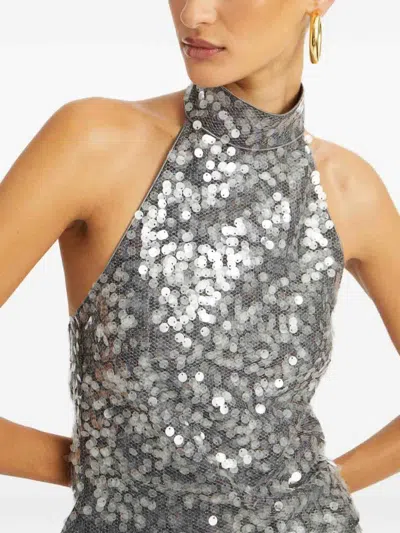 Rotate Birger Christensen Sequined Silver Sleeveless Top With High Neckline In Multi