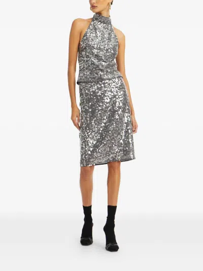 Rotate Birger Christensen Sequined Silver Sleeveless Top With High Neckline In Multi