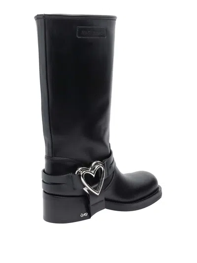 Mach&mach Heart Detail Knee-high Block Heel Boots In Black
