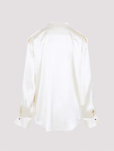 Phoebe Philo Liquid Utility White Silk Shirt With Pointed Collar And Button Tabs In White
