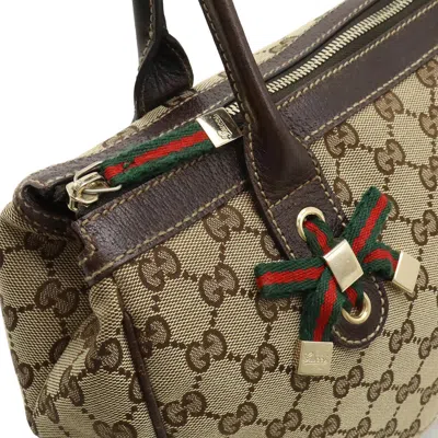 Pre-owned Gucci Gg Canvas Beige Dark Brown Khaki Canvas Leather Shoulder Bag Tote Bag ()
