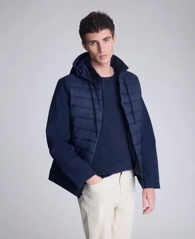 Kenneth Cole Mixed Media Hooded Soft Shell Jacket In Blue