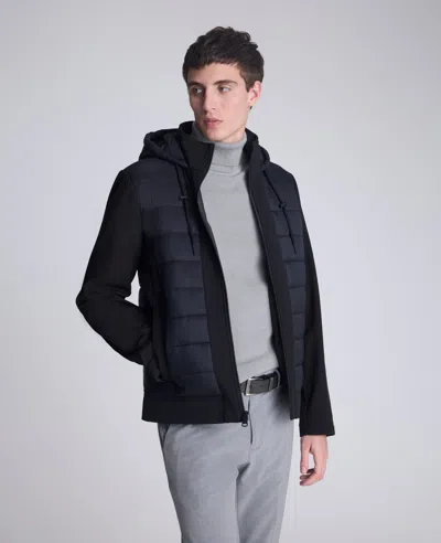 Kenneth Cole Mixed Media Hooded Soft Shell Jacket In Blue