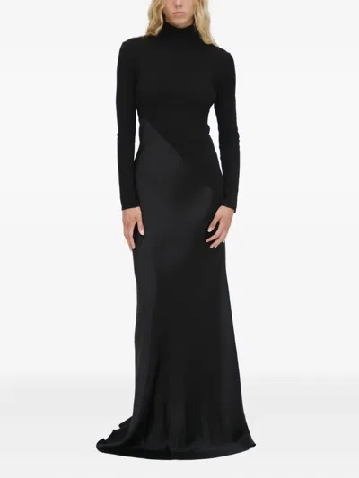 Rosetta Getty Mixed-media Turtleneck Long-sleeve Bias Gown In Black