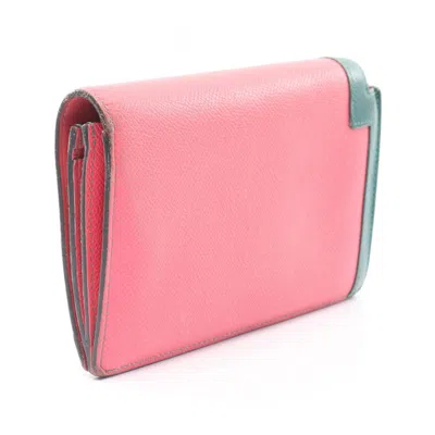 Pre-owned Hermes Green Pink Rose Azalee Yellow Epsom Leather Long Wallet (bi-fold) ()