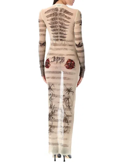 Jean Paul Gaultier Mesh Tatoo Mariner Long Dress In Brown