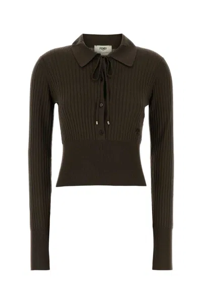 Fendi Mud Stretch Wool Polo Shirt In Brown