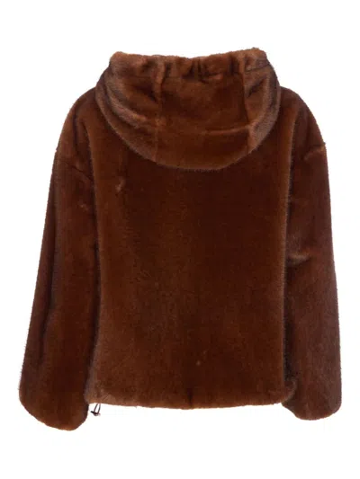 Herno Dark Brown Faux Fur Bomber Jacket With Custom Drawstring Hood In Brown