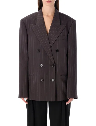 Magda Butrym Oversized Double-breasted Pinstriped Merino Wool Blazer In Brown