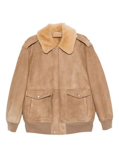 Prada Leather Jacket With Fur Collar And Epaulettes In Nude