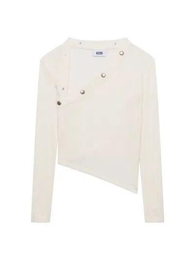 Gcds Long-sleeved Ribbed Top With Snap Buttons In White