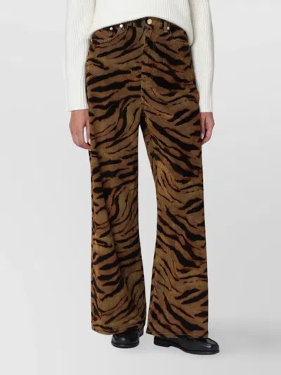Ganni Zebra-print Cotton-blend Velveteen Wide-leg Pants In Brown