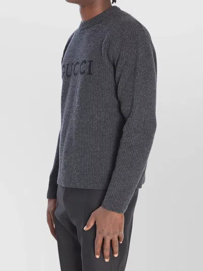 Gucci Grey Crewneck Sweater With Logo Lettering Embroidery On The Front In Wool Man In Gray
