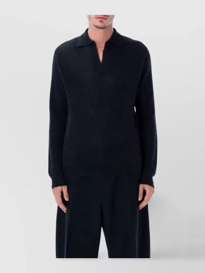Auralee Classic Polo Sweater With Ribbed Collar And Buttoned Placket In Black