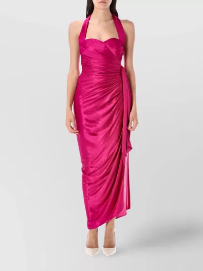 Balmain Long Satin Draped Halter Neck Dress In Pink