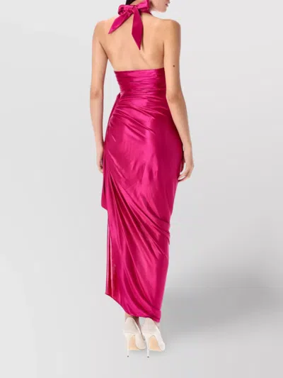 Balmain Long Satin Draped Halter Neck Dress In Pink