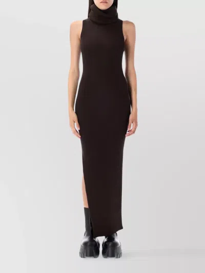 Rick Owens Ankle Length Ribbed Turtleneck Dress In Black