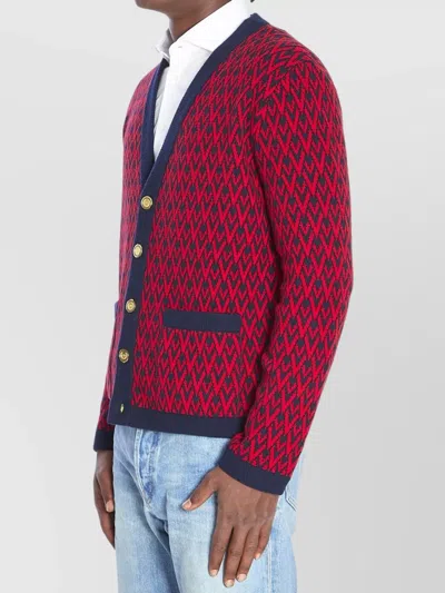 Valentino Toute La V Jacquard Wool Cardigan In Red