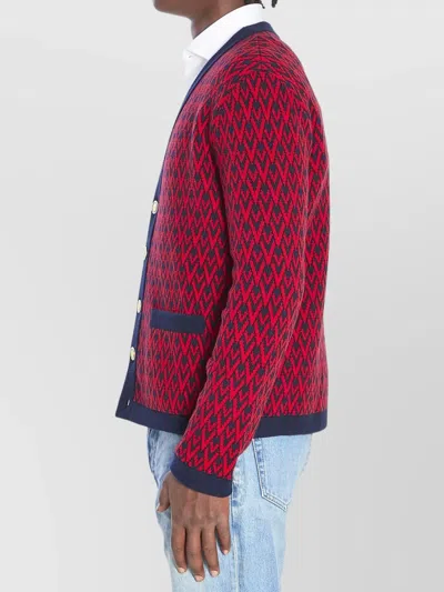Valentino Toute La V Jacquard Wool Cardigan In Red