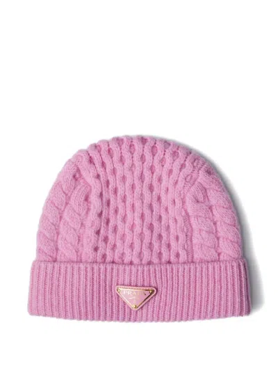 Prada Cable-knit Triangle-logo Beanie In Pink