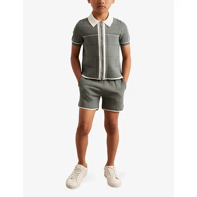 Reiss Dark Sage Green Baxter Windowpane-pattern Knitted Polo Shirt 9-13 In Gray