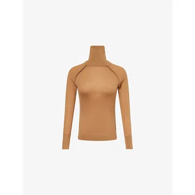 Victoria Beckham Womens Camel Turtleneck Raglan-sleeves Wool Jumper Xs In Orange
