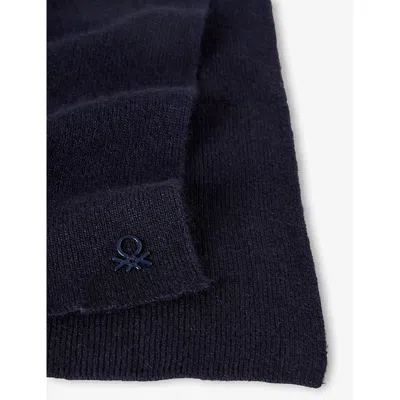 Benetton Navy Blue Logo-plaque Wool Blend Scarf In Black