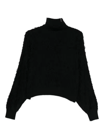 Twinset Textured Black Turtleneck Sweater With Ballooned Sleeves In Black