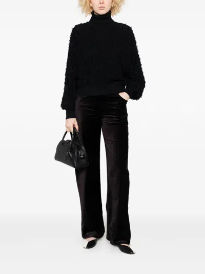 Twinset Textured Black Turtleneck Sweater With Ballooned Sleeves In Black
