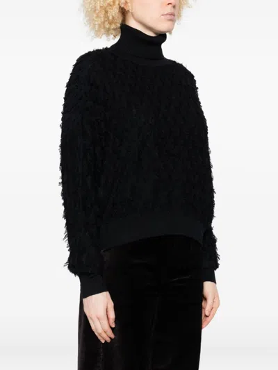 Twinset Textured Black Turtleneck Sweater With Ballooned Sleeves In Black