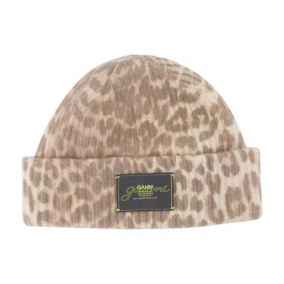 Ganni Womens Leopard Graphic Print Wool Blend Beanie In Brown