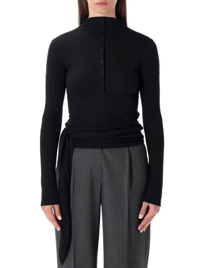 Low Classic Long Sleeve Mock Neck Top With Tie In Black