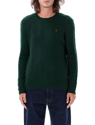 Polo Ralph Lauren Green Cable Knit Crewneck Sweater With Pony Embroidery On The Front In Wool And Cashmere Man