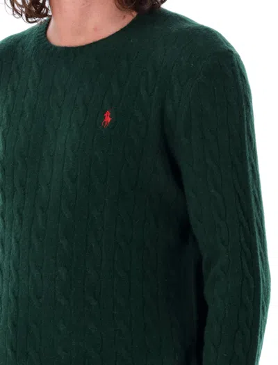 Polo Ralph Lauren Green Cable Knit Crewneck Sweater With Pony Embroidery On The Front In Wool And Cashmere Man