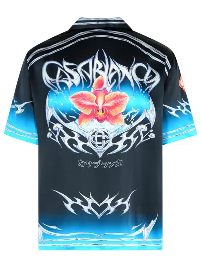 Casablanca Floral Graphic Short Sleeve Satin Top In Black