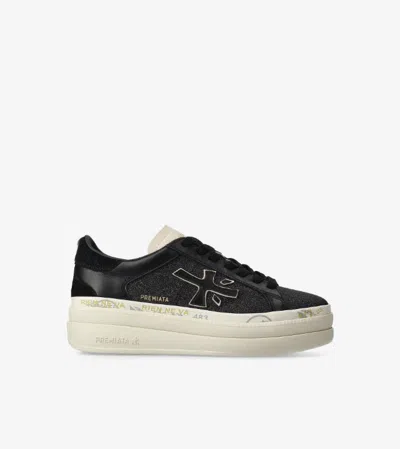 Premiata Platform Sneakers With Glitter And Contrast Tab In Black