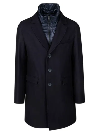 Herno Cashmere Overcoat With Detachable Quilted Shell Bib In Blue