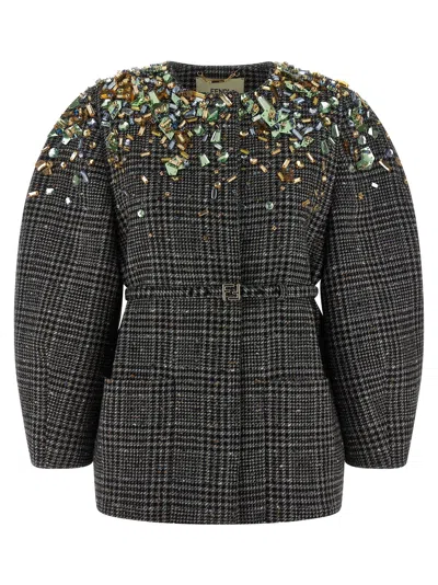 Fendi Tweed Blazer Belted Waist Puff Sleeves In Black