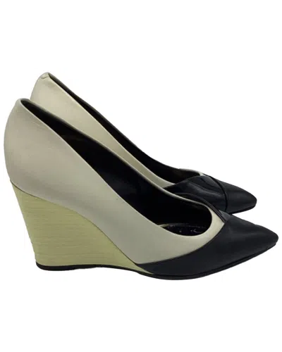 Lanvin Pointed Two-toned Wedge Pumps In White And Black Leather In Neutral