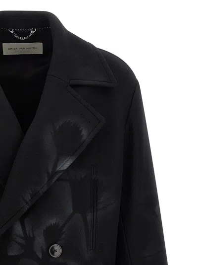 Dries Van Noten Oversized Double-breasted Coat With Peonia Print In Black