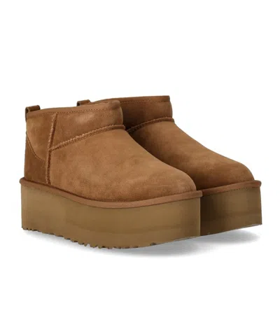Ugg Classic Ultramini Beige Ankle Boots With Platform In Leather Woman In Brown