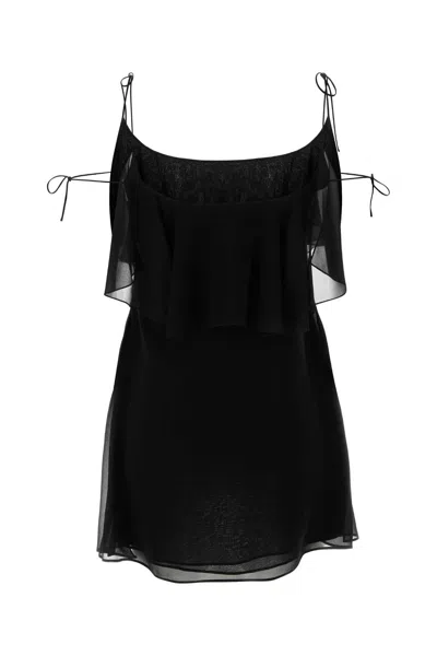 Saint Laurent Mini Dress Silk Spaghetti Straps Ruffle In Black