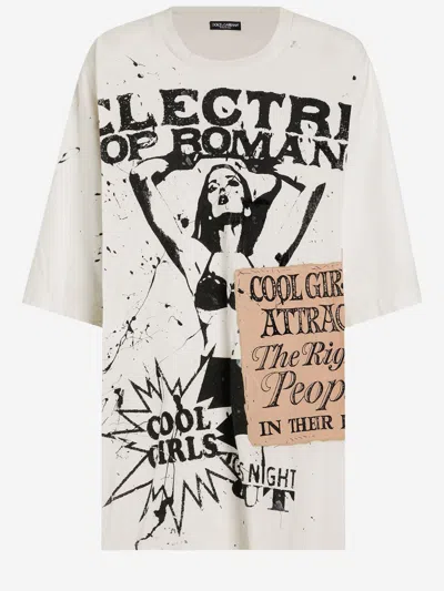 Dolce & Gabbana Women White Crew Neck T-shirt With Maxi Print On The Front In Cotton Woman In Multi