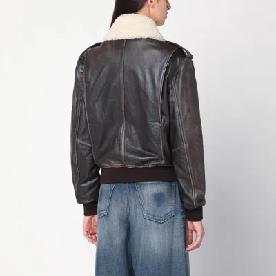 Halfboy Brown Leather Bomber Jacket With Shearling Collar In Brown