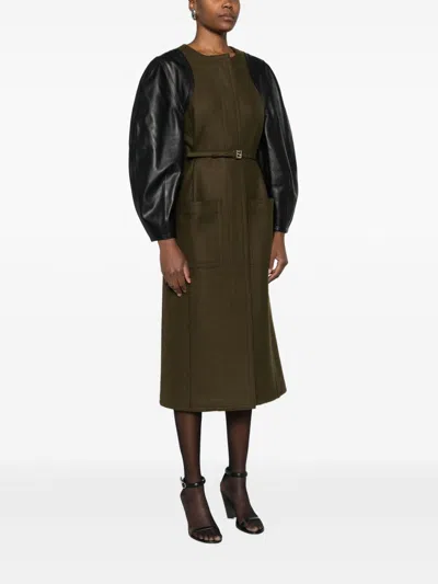 Fendi Leather-sleeves Wool Coat In Multi