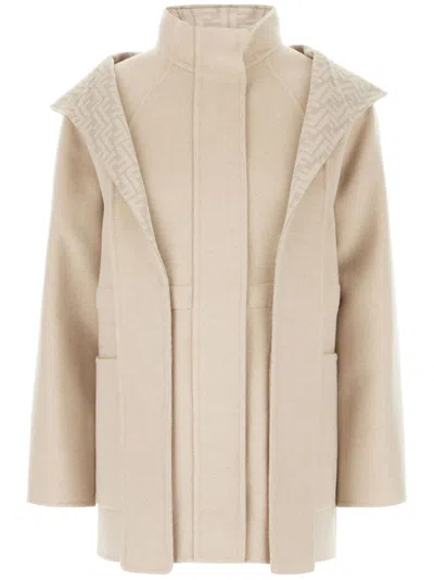 Fendi Beige Wool Parka With Removable Stole And Ff Monogram In Gray