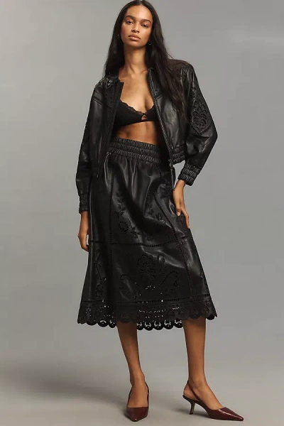 Farm Rio Richelieu Leather Midi Skirt In Black